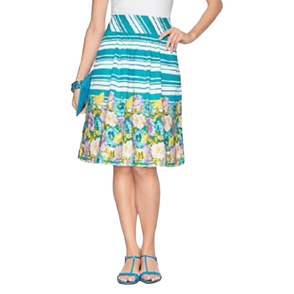 TALBOTS Women’s Size 12 Poppy Floral Full Skirt Cotton Turquoise White Stripe